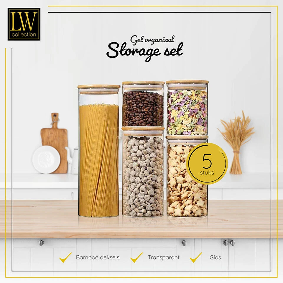 LW Collection Voorraadpotten Glas 5 Stuks Met Bamboe Deskel LW Collection Voorraadpotten Glas 5 Stuks Met Bamboe Deskel -Huishoudelijke Artikelen Verkoop a53523650d594064b09416e36cc21e68